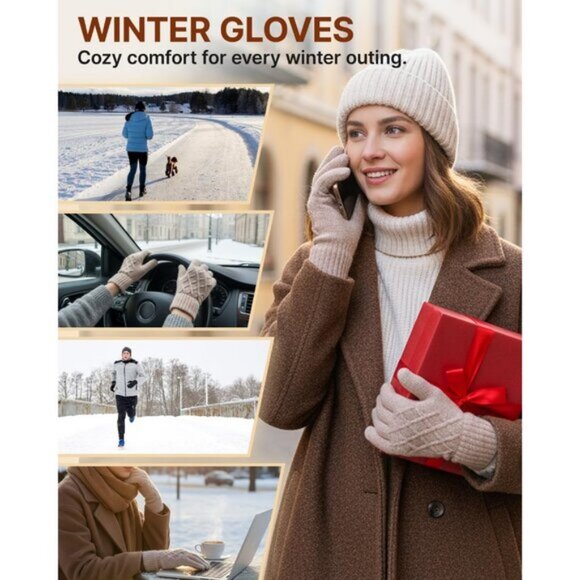 🆕Women Beige Winter Warm Touchscreen Texting Knit Thermal Wool Lining Gloves - Picture 6 of 8